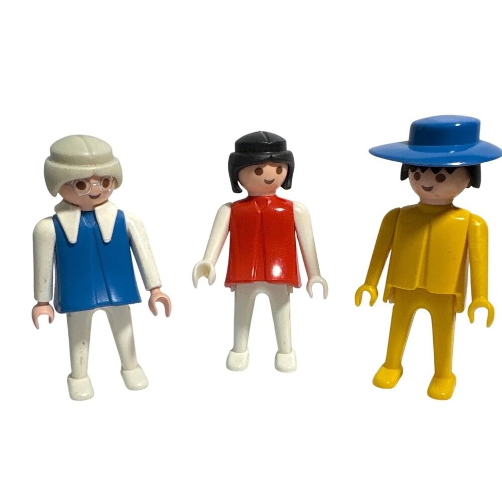 Vintage Playmobil Figures Set Of 3 Grandma Woman Blue Hat Geobra Blue Yellow Red